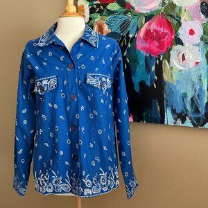Y2K Vintage Quacker Factory Blue Bandana Print Button Down Shirt/Jacket Size M